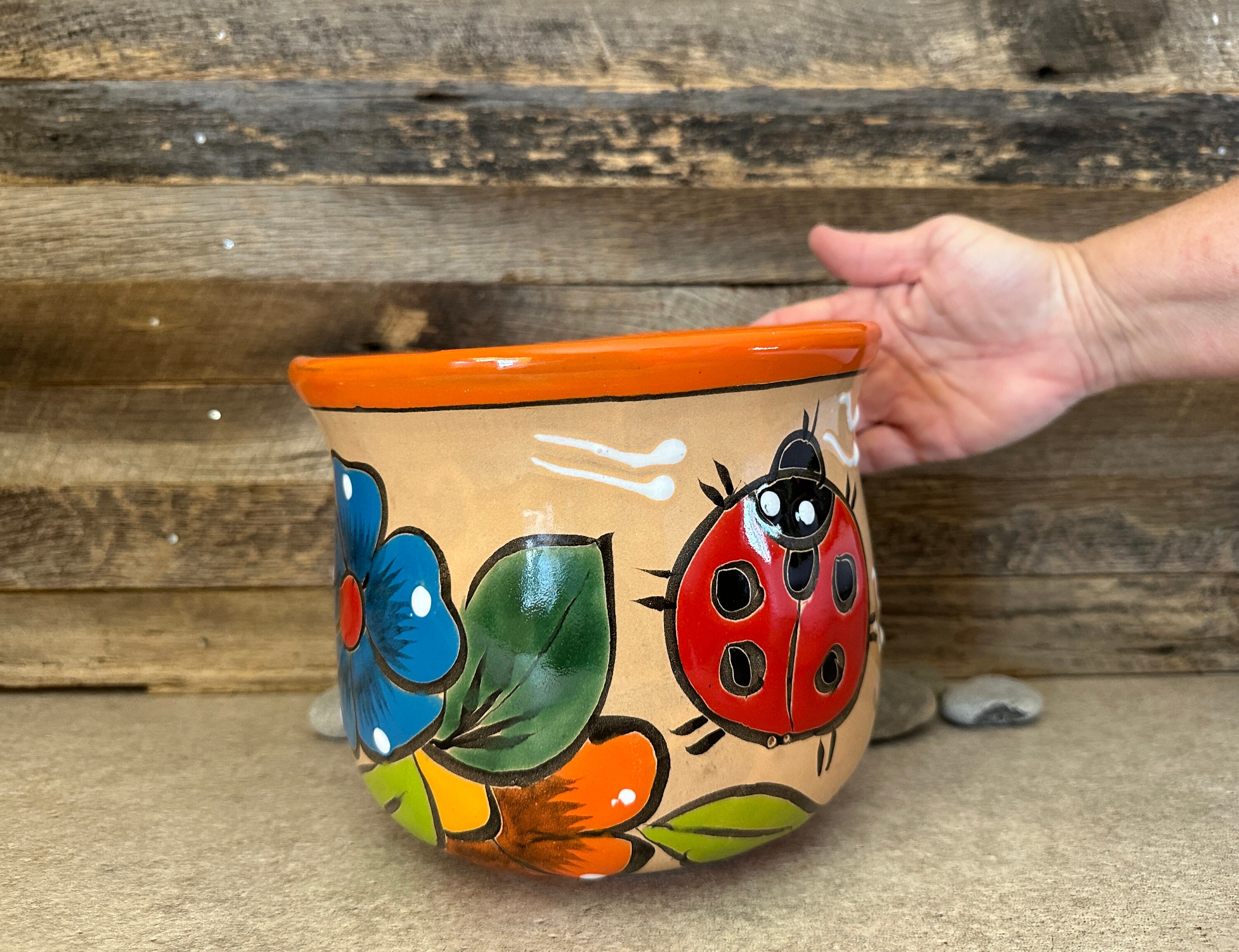 手描きのタラベラ焼きプランター：カラフルなメキシコ陶器、小型