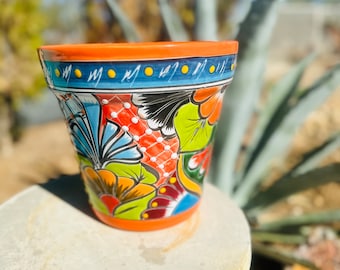 Handcrafted Talavera Style Planter Pot Colorful Hand Painted Flowers Mexican Clay Pottery