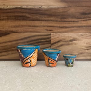 Handgemaakte KLEINE Talavera-aardewerkpotten (set van 3): handgeschilderde Mexicaanse plantenbakken van sappige klei