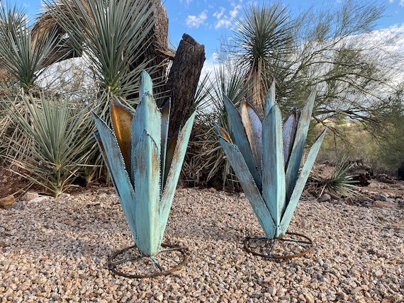 Handcrafted Metal Agave Sculpture: Rustic Turquoise Desert