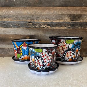 Handcrafted Talavera Planter Pot Colorful Hand Painted Mexican Clay Pottery Pot and Saucer