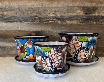 Handcrafted Talavera Planter Pot Colorful Hand Painted Mexican Clay Pottery Pot and Saucer