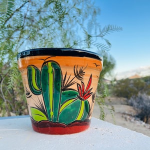 Hand-Painted Talavera Clay Planter: Desert Scene, Cobalt Blue Rim