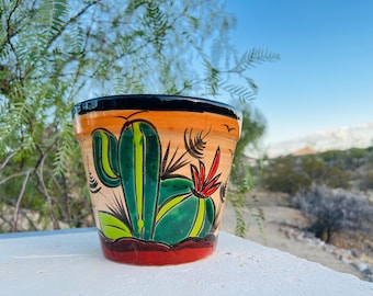 Handcrafted MINI SMALL Talavera Planter Hand Painted Desert Scene Clay Pot Colorful Mexican Clay Pottery Minor Paint Flaw