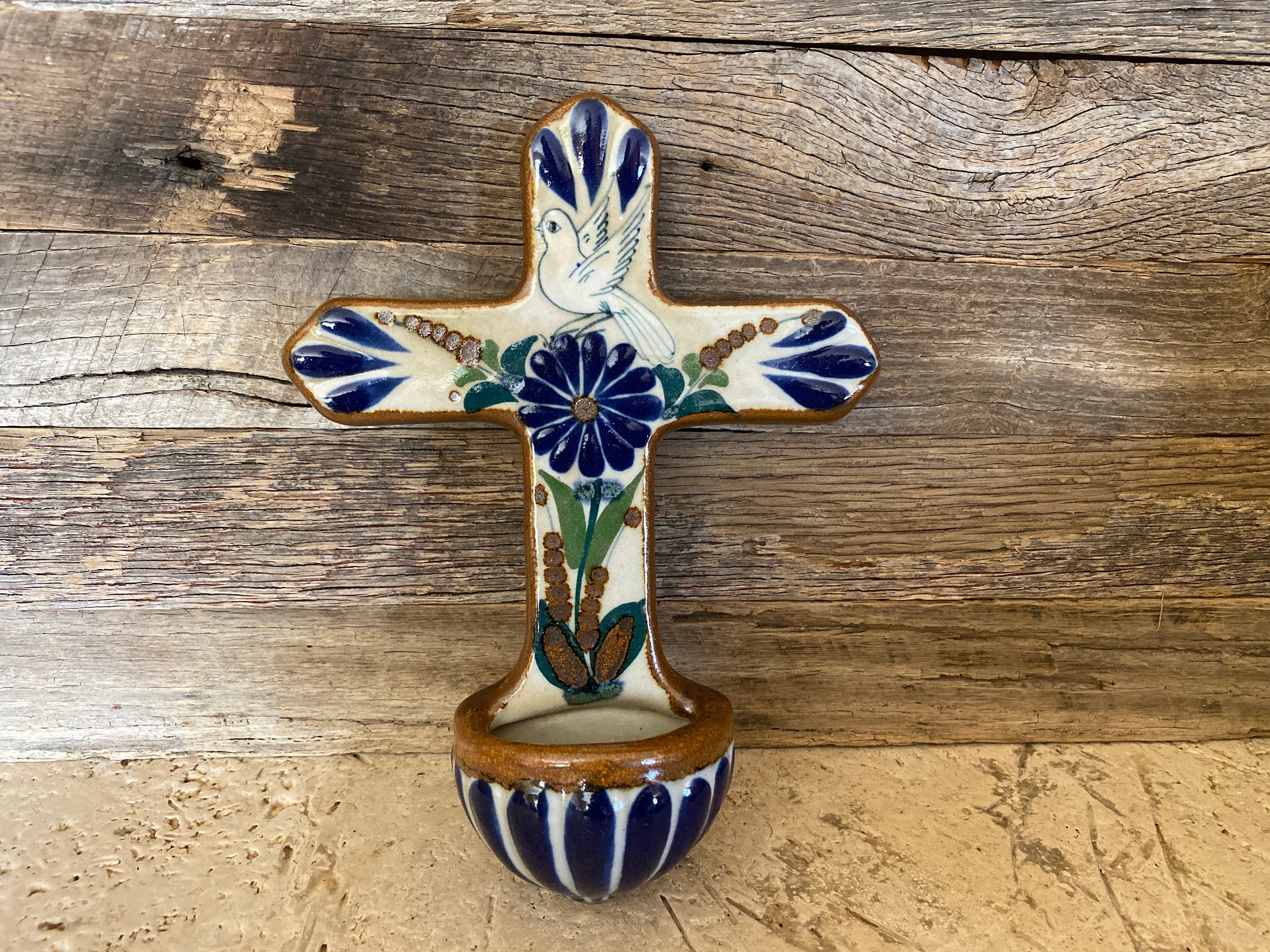 Tonala Holy Water Font Stoneware Cross Font Colorful Mexican Clay