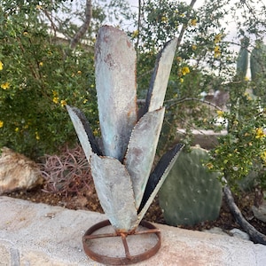 Handcrafted Metal Agave Sculpture: Rustic Copper Patina Desert Art