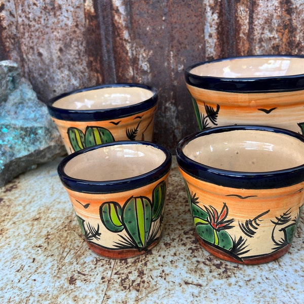 Flawed Discounted Handcrafted Talavera Planter Hand Painted Desert Scene Clay Pot Colorful Mexican Clay Pottery