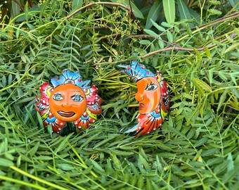 TINY Hand-painted Talavera Sun & Moon Wall Decor: Colorful Mexican