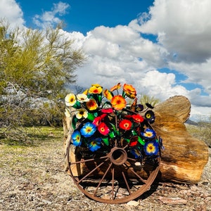 Rustic Handcrafted Vibrant Metal Flowers Metal Bouquet Poppy Flower Tulips Morning Glory Anemone Metal Yard Art