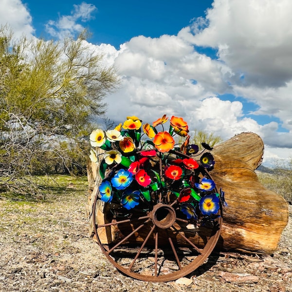 Handcrafted Rustic Metal Flower Bouquet: Hand Painted Mexican Yard Art
