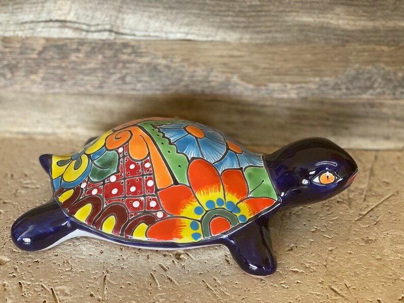 Vibrant Hand Painted Talavera Turtle Colorful Mexican Clay Pottery