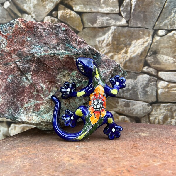 Handcrafted Hand Painted Mini Talavera Gecko Lizard Salamander Sunflower Talavera Colorful Hand Painted Mexican Art