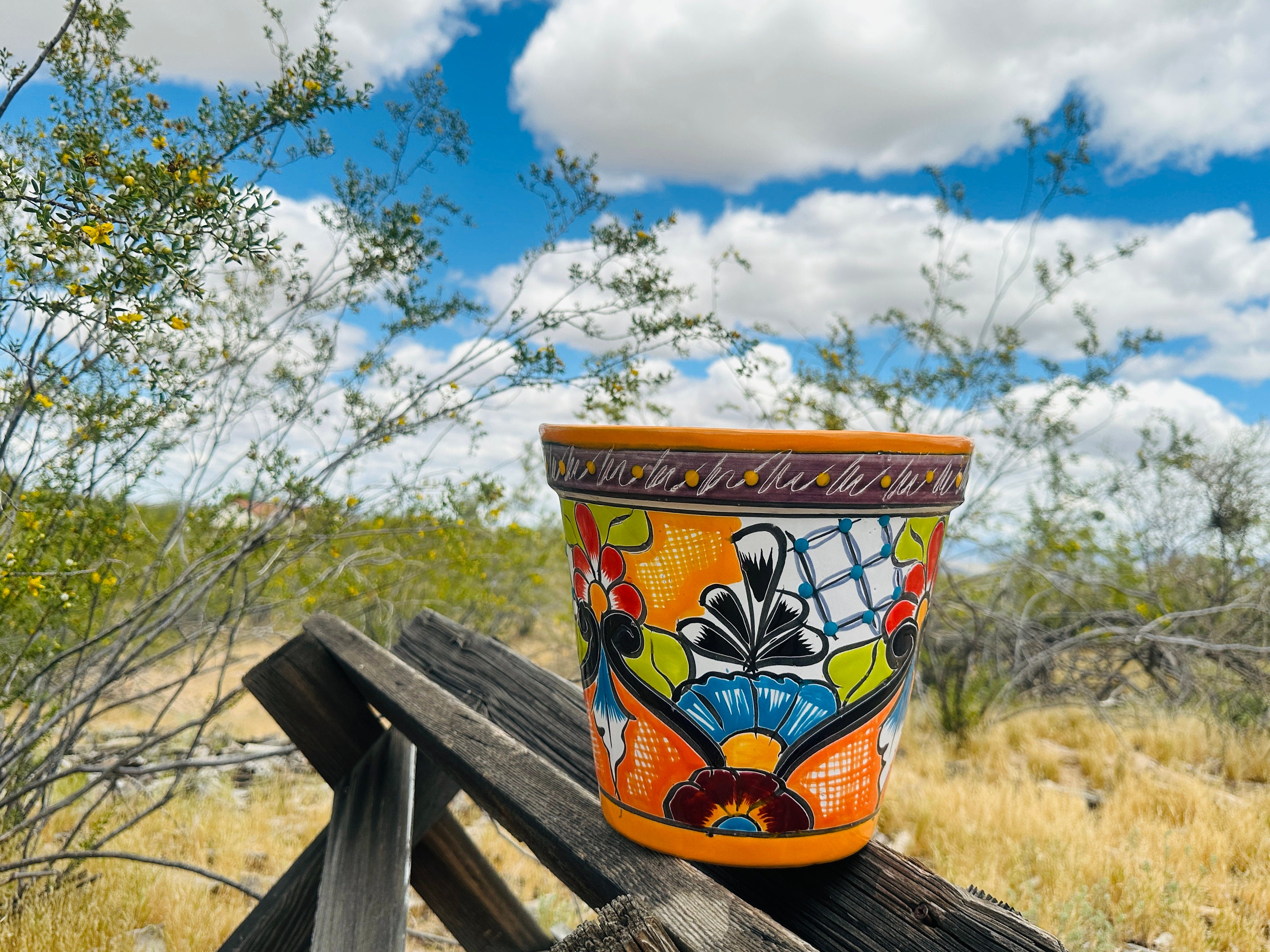 Handcrafted Talavera Style Planter Pot Colorful Hand Painted