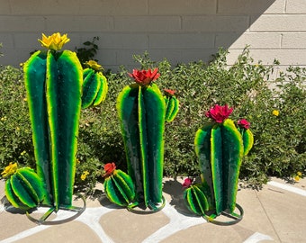 MOTHER’S DAY SPECIAL!  Rustic Handcrafted Vibrant Hand Painted Metal Yard Art Barrel Cactus Colorful Garden Art