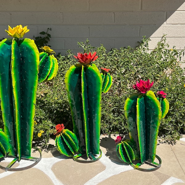 Rustic Handcrafted Vibrant Hand Painted Metal Yard Art Barrel Cactus Colorful Garden Art