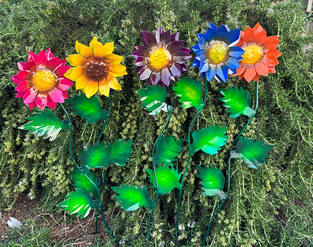 Handcrafted Vibrant Metal Flower Stems Set of 2 Yard Art Metal Etsy