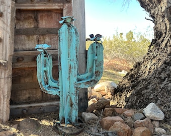 Handcrafted MINI TINY Metal Saguaro Hand Painted Cactus: Rustic Mexican Yard Art