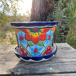 Handcrafted Vibrant Talavera Planter Pot Colorful Hand Painted Mexican Clay Pottery