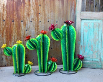 Rustic Handcrafted Vibrant Hand Painted Metal Yard Art Barrel Cactus Hybrid Colorful Garden Art