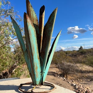 Handcrafted Rustic Aqua Turquoise Metal Agave Arizona Landscape Desert Cactus Metal Yard Art
