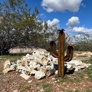 Rusty Rustic Metal Saguaro Cactus: Handcrafted Mexican Yard Art