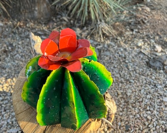Slightly Flawed Discounted Rustic Handcrafted Vibrant Hand Painted Metal Yard Art Mini Barrel Cactus Colorful Garden Art