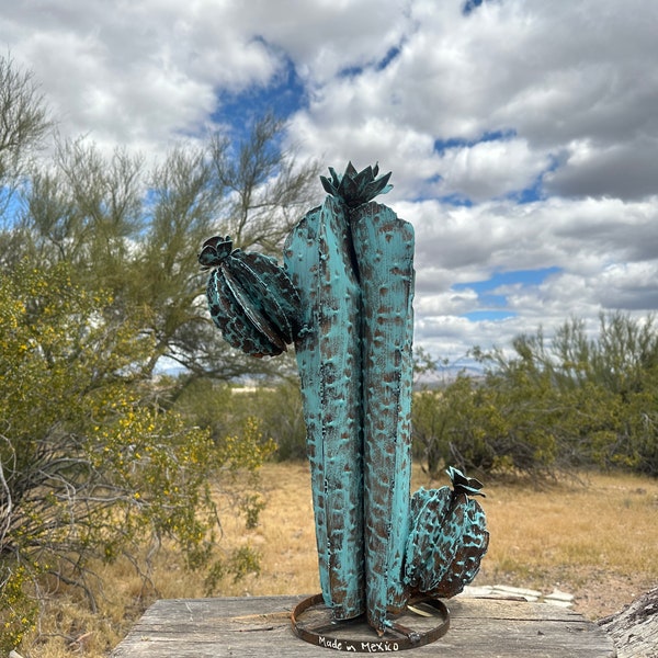 Handcrafted Rustic Turquoise Metal Cactus Hand Painted Desert Cactus Hand Painted Metal Yard Art