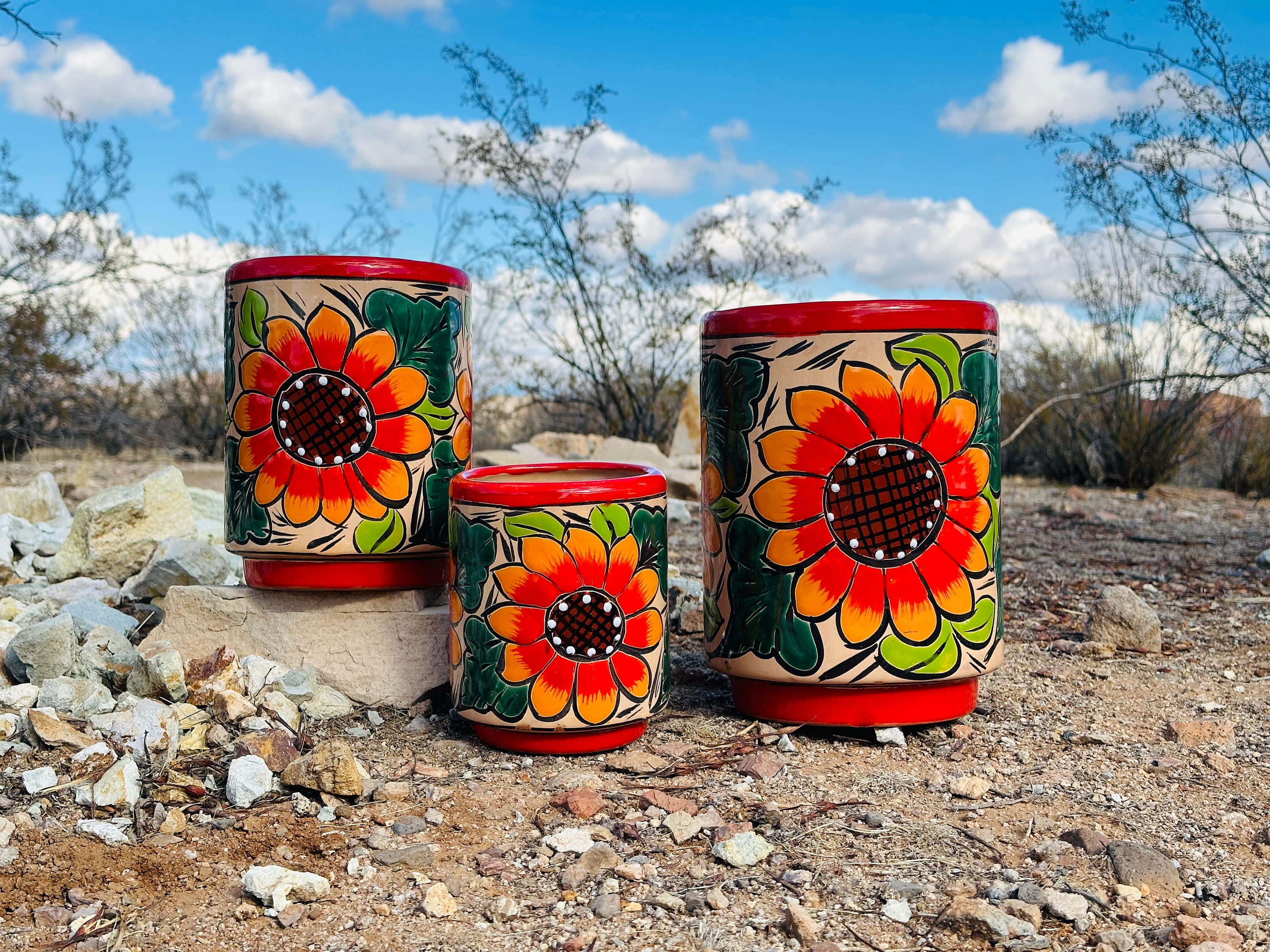 Flawed Handcrafted Clay Talavera Planter Sunflower Pot Colorful Hand Painted Mexican Clay Pottery