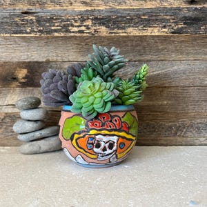May include: A small, round, hand-painted ceramic planter with a Day of the Dead skull design, filled with assorted faux succulents. The planter is peach, orange, and blue. A stack of grey stones is to the left.