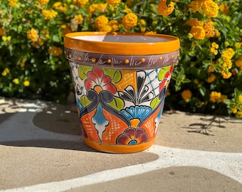 Flawed Discounted Handcrafted Talavera Planter Pot Colorful Hand Painted Flowers Mexican Clay Pottery