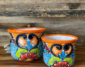 Flawed Discounted Handcrafted Talavera Planter Pot Colorful Hand Painted Flowers Mexican Clay Pottery