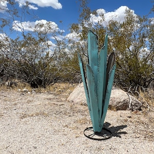 Handcrafted Metal Agave Sculpture: Rustic Turquoise Desert Yard Art