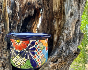 Flawed Discounted Handcrafted Talavera Planter Pot Colorful Hand Painted Flowers Mexican Clay Pottery