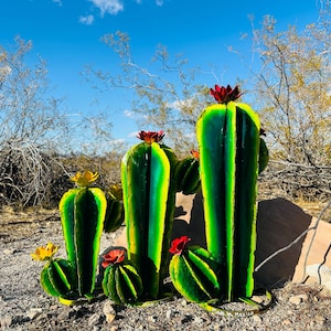 Rustic Handcrafted Vibrant Hand Painted Metal Yard Art Barrel Cactus Colorful Garden Art