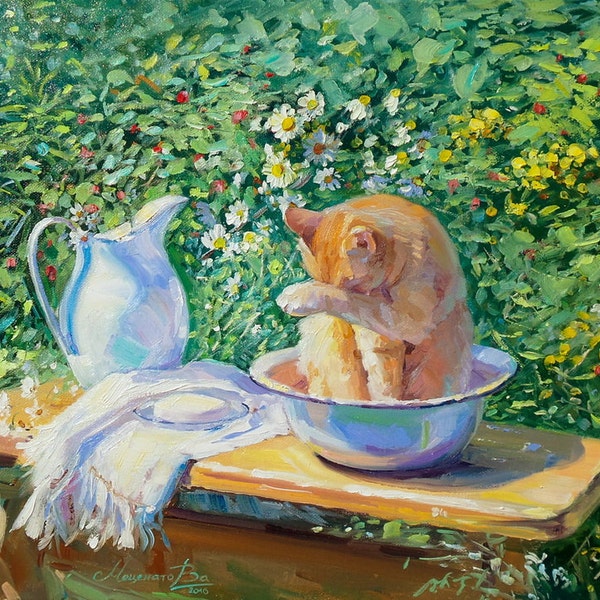 Red Cat, Kitten, Village, Bath day, Cat painting, Animals painting, Bright painting, Cute, Baby, Gift, Children, Ginger cat, Positive, Sunny