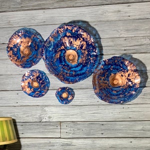 Recycled plastic wall flower Cobalt blue/copper wall hanging/home decor art/you pick size/quantity handmade indoor outdoor/looks like glass image 1