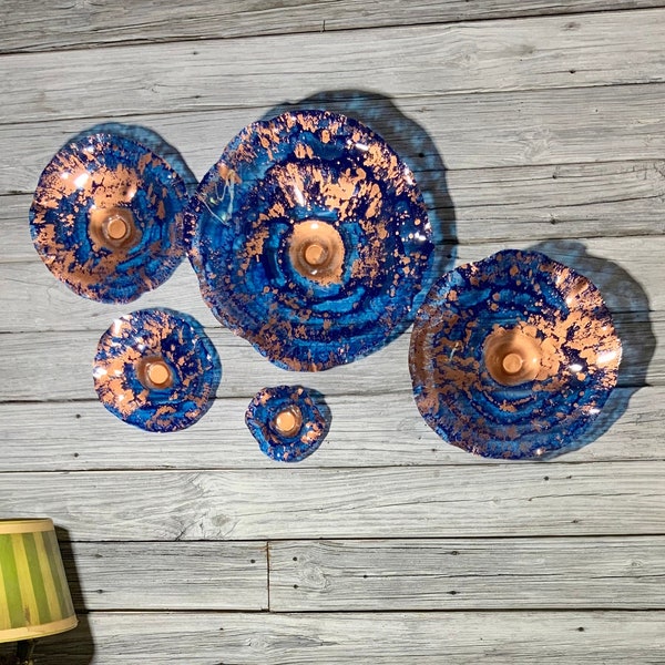 Recycled plastic wall flower Cobalt blue/copper wall hanging/home decor art/you pick size/quantity handmade indoor outdoor/looks like glass