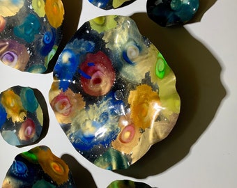 Colorful galaxy wall platter dish art 9 up-cycled plastic/sculpture/window hanging/indoor outdoor/designer home decor art/looks like glass