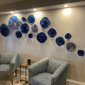 Recycled plastic wall flower Cobalt blue/copper wall hanging/home decor art/you pick size/quantity handmade indoor outdoor/looks like glass image 9