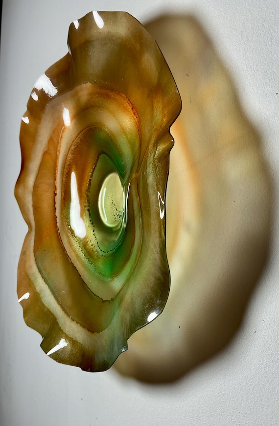 Wall flower home decor Art - handmade from Recycled Plastic - 9” glass like look- gold, tan and teal