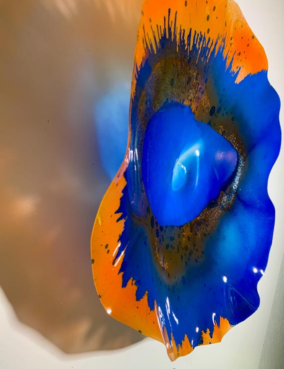 Home decor art wall flower sculpture 15” handmade recycled plastic navy blue & orange looks like glass- patio wall art