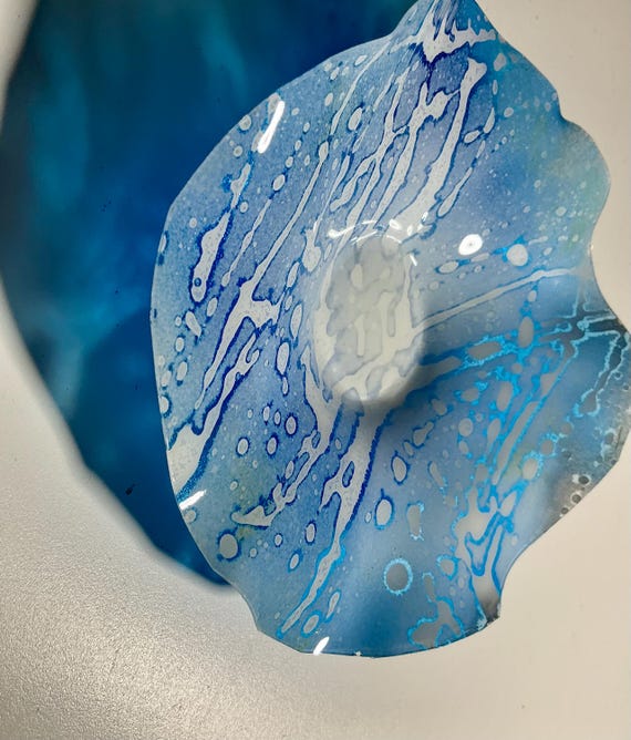 Handmade Upcycled Polymer Wall Flower Art – White, Metallic Blue (5 Inch) Glass Look