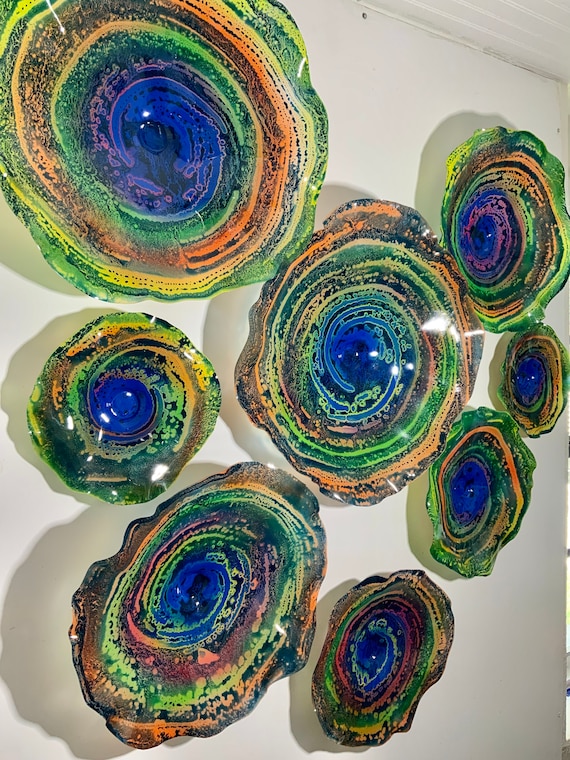 Made to order recycled plastic handmade wall Flower 8 green/blue/orange/pink/home decor/large plates/looks like glass/mural art/ceiling art