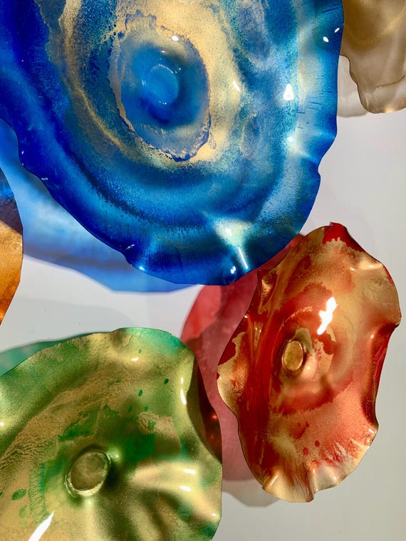 Wall Flower 9 colorful gold/blue/orange/green/red/black handmade up-cycled plastic looks like glass/boho home decor mural