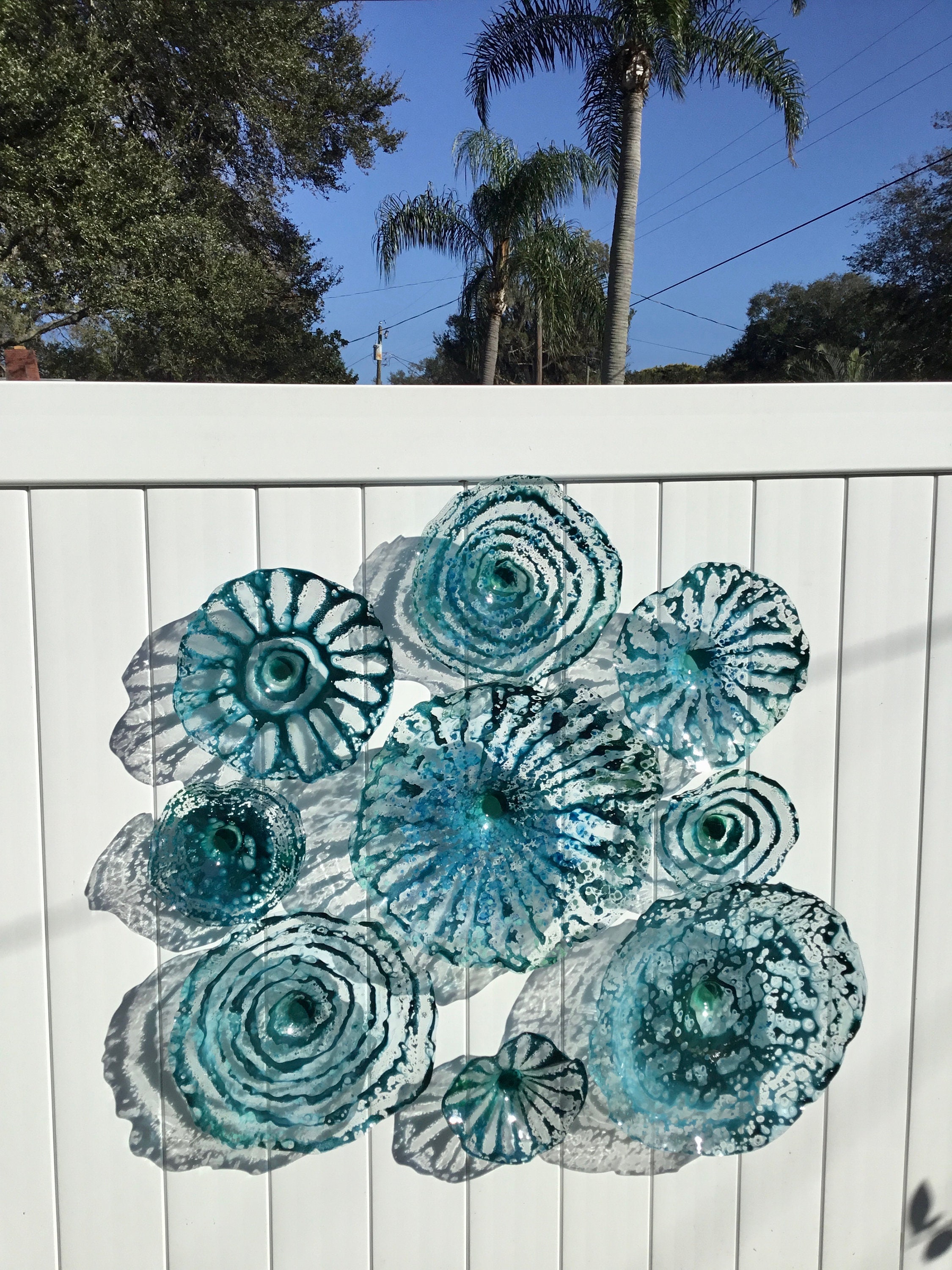 Teal bluegreen wall sculpture set 9 upcycled plastic wall mount/fine art platter indoor