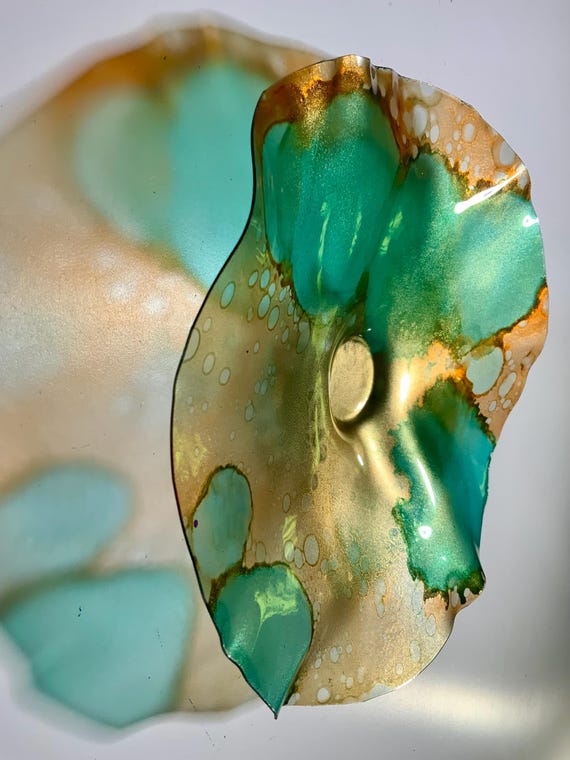 Handmade recycled plastic home decor Small Wall flower 9” aqua green, orange & gold funky wall hanging/looks like glass - Todd Lynd art
