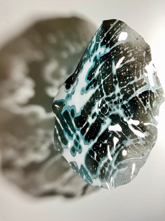 Medium Wall flower home wall sculpture decor 13” black, aqua blue & white handmade eco-friendly polymer - looks like glass