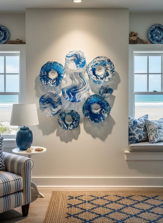 Made to order White &ocean teal blues wall sculpture art 8 handmade beach home decor eco-friendly polymer - looks like glass