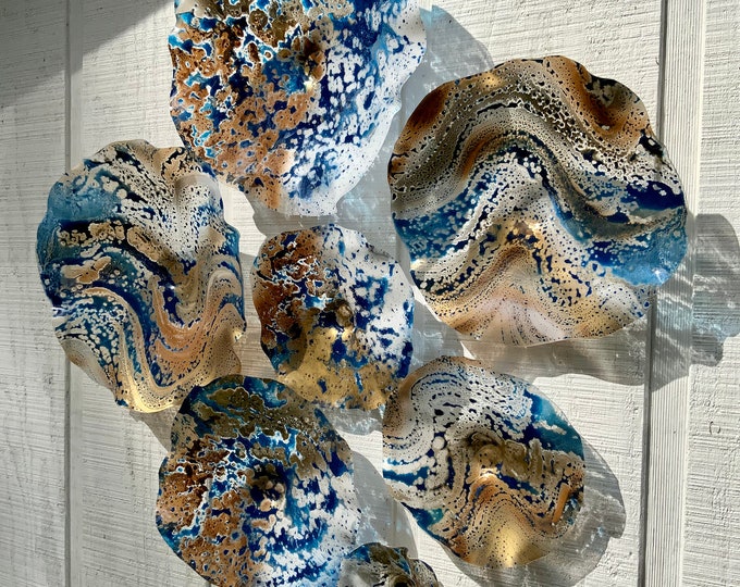 Featured listing image: Wall flower sculpture gold/blue/brown/white up cycled plastic indoor/outdoor decor/window hanging/looks like glass/home wall mural/dish art