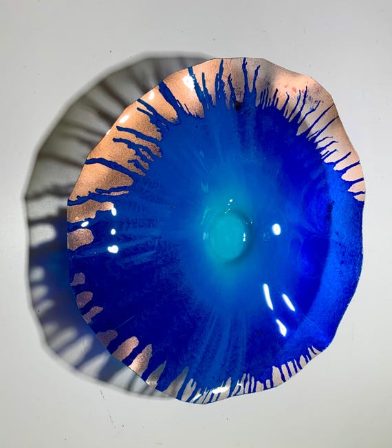 Original handmade eco friendly plastic home wall flower copper & seaside blue small 9” home art - looks like glass